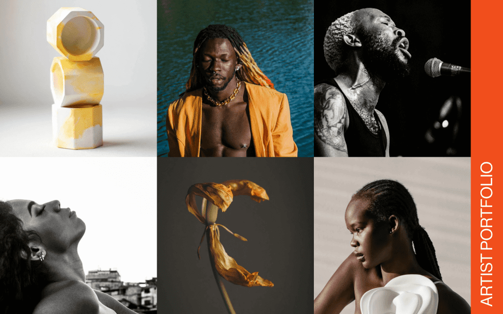 A professional artist portfolio displaying a diverse collection of artwork, including photography, sculpture, and portraiture, arranged in a sleek and modern layout.